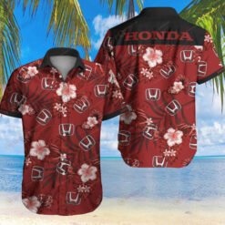 Honda Logo Floral And Leaves Pattern Curved Hawaiian Shirt In Red