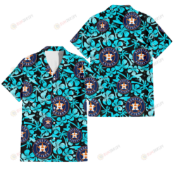Houston Astros Blue Hibiscus Blue Coconut Tree Black Background 3D Hawaiian Shirt
