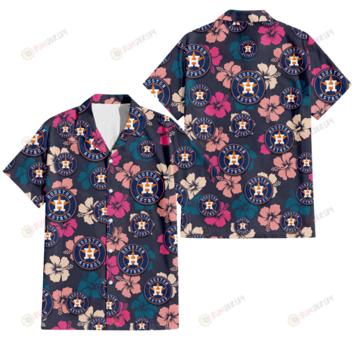 Houston Astros Colorful Hibiscus Black Background 3D Hawaiian Shirt