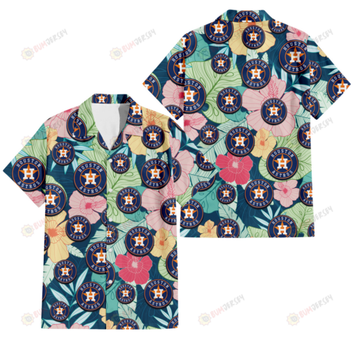 Houston Astros Colorful Sketch Hibiscus Dark Green Background 3D Hawaiian Shirt