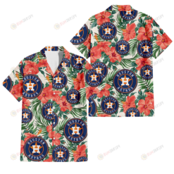 Houston Astros Coral Hibiscus Green Leaf Beige Background 3D Hawaiian Shirt