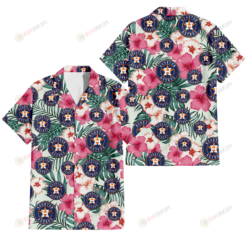 Houston Astros Coral Pink Hibiscus Green Leaf Beige Background 3D Hawaiian Shirt