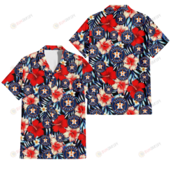 Houston Astros Coral Red Hibiscus Blue Palm Leaf Black Background 3D Hawaiian Shirt