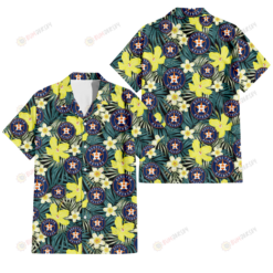 Houston Astros Hibiscus Green Palm Leaf Black Background 3D Hawaiian Shirt