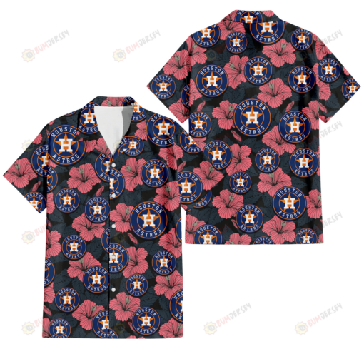 Houston Astros Light Coral Hibiscus Gray Leaf Black Background 3D Hawaiian Shirt