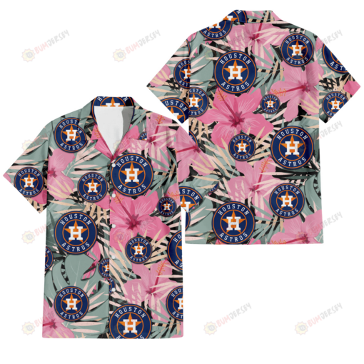 Houston Astros Light Pink Hibiscus Pale Green Leaf Black Background 3D Hawaiian Shirt