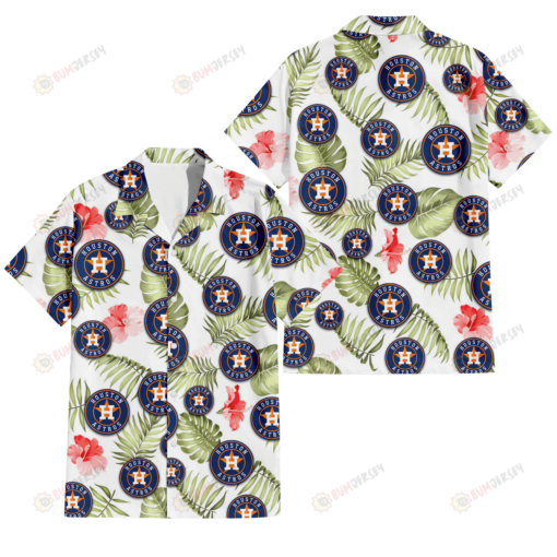 Houston Astros Light Salmon Hibiscus Green Leaf White Background 3D Hawaiian Shirt