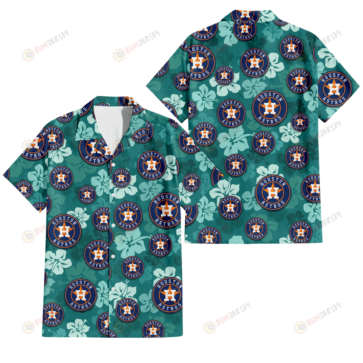 Houston Astros Light Sea Green Hibiscus Green Background 3D Hawaiian Shirt