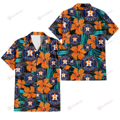 Houston Astros Orange Hibiscus Blue Gray Leaf Black Background 3D Hawaiian Shirt