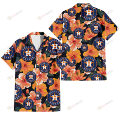 Houston Astros Orange Hibiscus Dark Green Leaf Black Background 3D Hawaiian Shirt