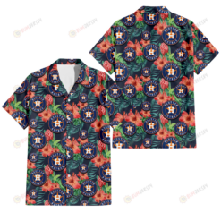 Houston Astros Orange Hibiscus Green Tropical Leaf Dark Background 3D Hawaiian Shirt