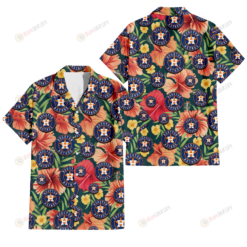 Houston Astros Orange Red Hibiscus Green Leaf Dark Background 3D Hawaiian Shirt