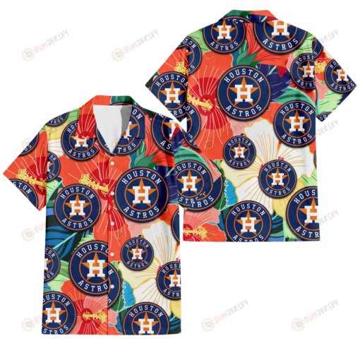 Houston Astros Orange White Tropical Hibiscus Green Leaf 3D Hawaiian Shirt