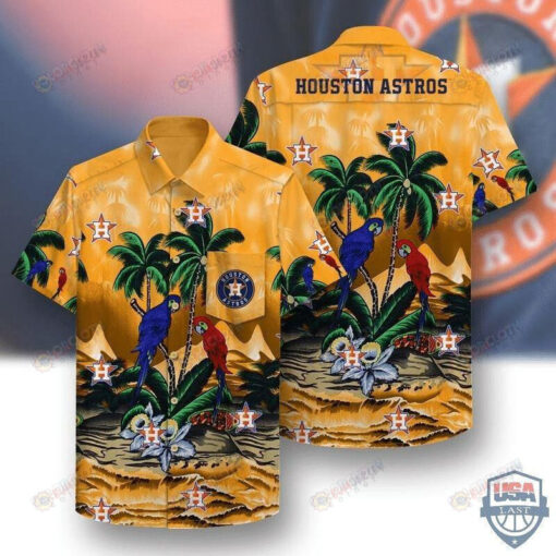 Houston Astros Parrots Couple Coconut Hawaiian Shirt In Yellow