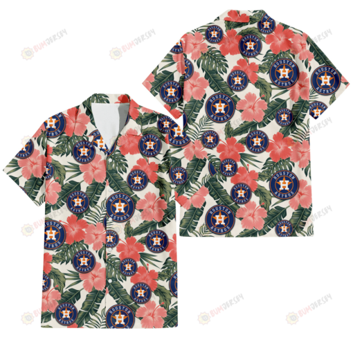 Houston Astros Pink Coral Hibiscus Banana Leaf Beige Background 3D Hawaiian Shirt