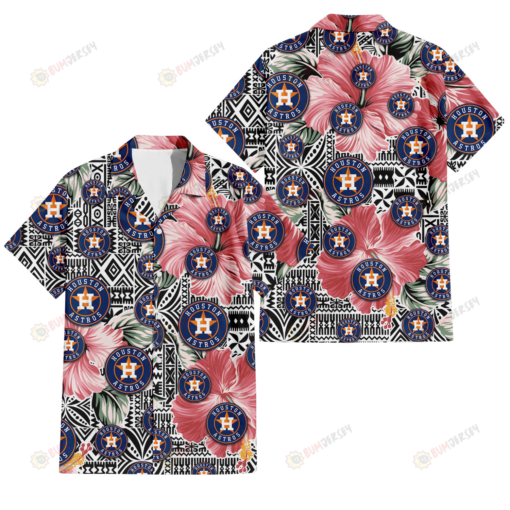 Houston Astros Pink Hibiscus Black Pattern White Background 3D Hawaiian Shirt