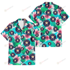 Houston Astros Pink Hibiscus Green Leaf Blue Background 3D Hawaiian Shirt