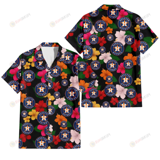 Houston Astros Pink Orange Yellow White Hibiscus Black Background 3D Hawaiian Shirt