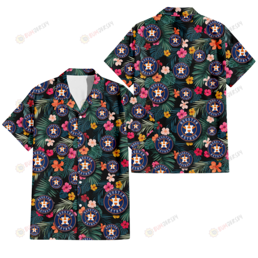 Houston Astros Pink Yellow Orange Hibiscus Big Tropical Leaf Black Background 3D Hawaiian Shirt