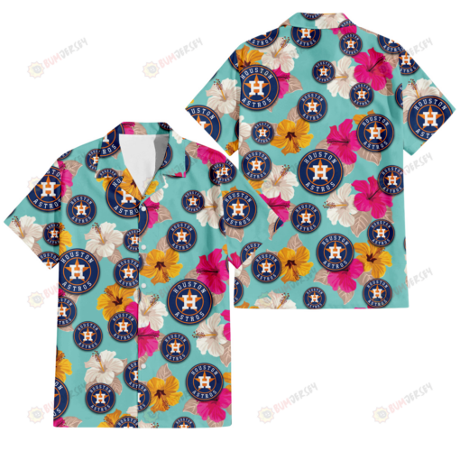 Houston Astros Pink Yellow White Hibiscus Turquoise Background 3D Hawaiian Shirt