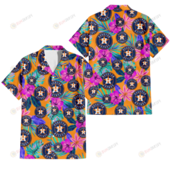 Houston Astros Purple Hibiscus Neon Leaf Orange Background 3D Hawaiian Shirt
