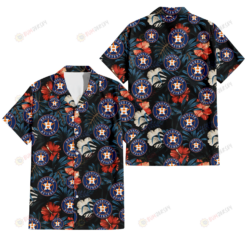 Houston Astros Red And White Hibiscus Dark Leaf Black Background 3D Hawaiian Shirt