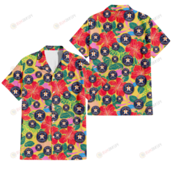 Houston Astros Red Hibiscus Green Blue Leaf Yellow Background 3D Hawaiian Shirt