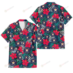 Houston Astros Red Hibiscus Green Blue White Leaf Black Background 3D Hawaiian Shirt
