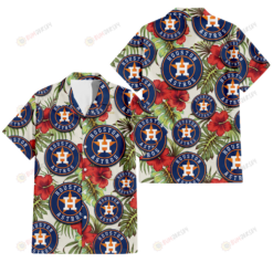 Houston Astros Red Hibiscus Green Tropical Leaf Cream Background 3D Hawaiian Shirt