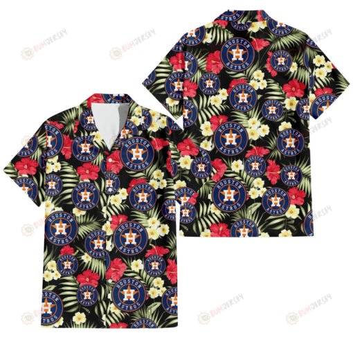 Houston Astros Red Hibiscus Yellow Porcelain Flower Black Background 3D Hawaiian Shirt