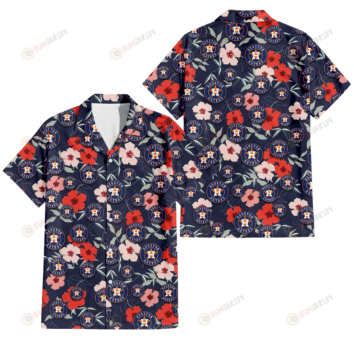 Houston Astros Red Pink White Hibiscus Black Background 3D Hawaiian Shirt