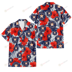 Houston Astros White Tropical Leaf Red Hibiscus Navy Background 3D Hawaiian Shirt