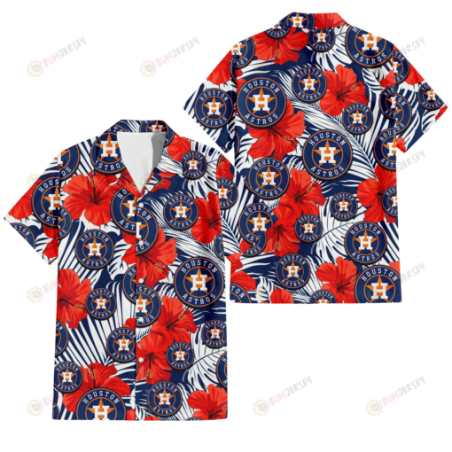 Houston Astros White Tropical Leaf Red Hibiscus Navy Background 3D Hawaiian Shirt