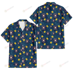 Houston Astros Yellow Hibiscus Cadet Blue Leaf Navy Background 3D Hawaiian Shirt