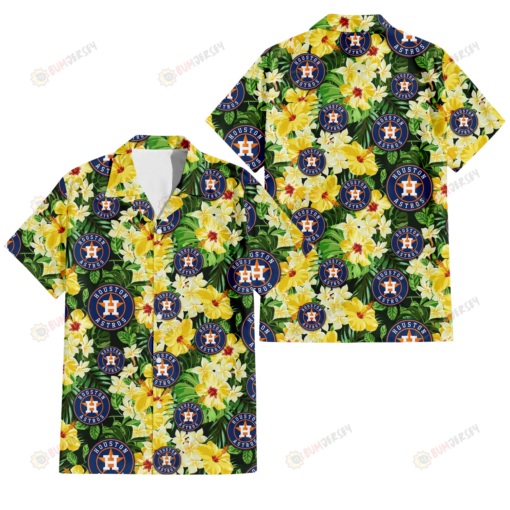 Houston Astros Yellow Hibiscus Tropical Green Leaf Black Background 3D Hawaiian Shirt