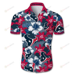 Houston Texans Floral & Leaf Pattern Curved Hawaiian Shirt In Red & Dark Blue