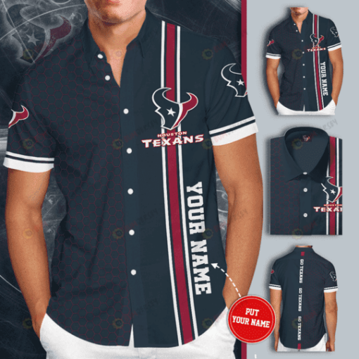 Houston Texans Logo Custom Name Curved Hawaiian Shirt In Black