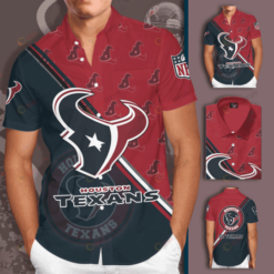 Houston Texans Logo Custom Name Curved Hawaiian Shirt In Red And Black