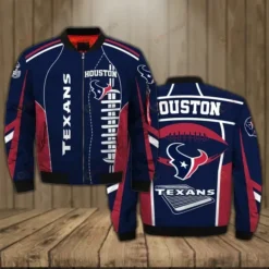 Houston Texans Logo Pattern Bomber Jacket - Navy Blue And Red