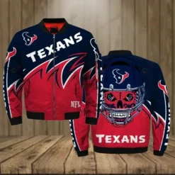 Houston Texans With Skulls Pattern Bomber Jacket - Navy Blue And Red