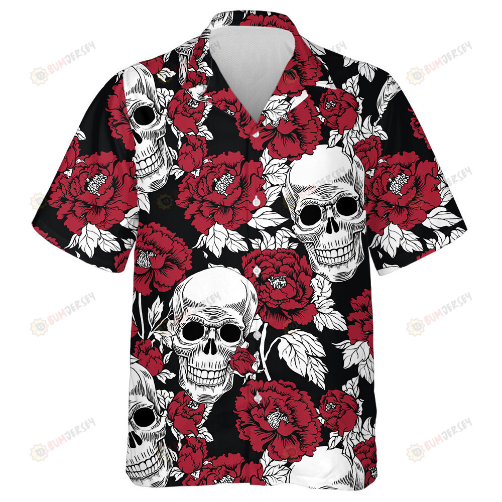 Huma Skull With Red Slower Peony Hawaiian Shirt