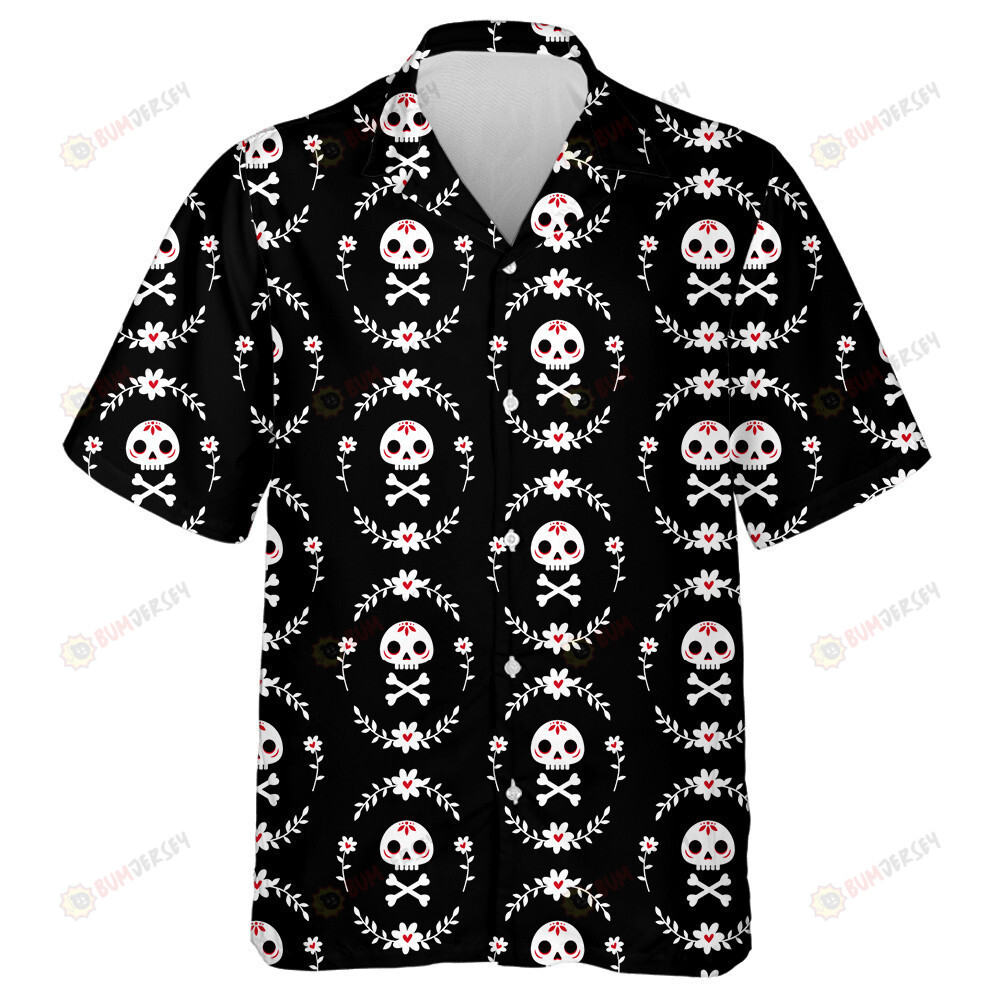 Human Skull And Bones Surrounded By Wreath Of Flowers Hawaiian Shirt