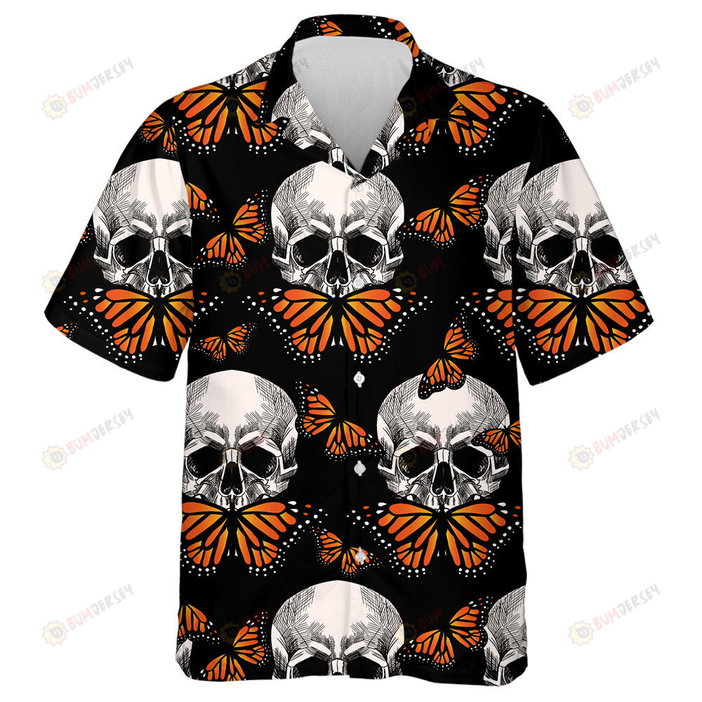 Human Skull And Orange Butterfly On Black Background Hawaiian Shirt