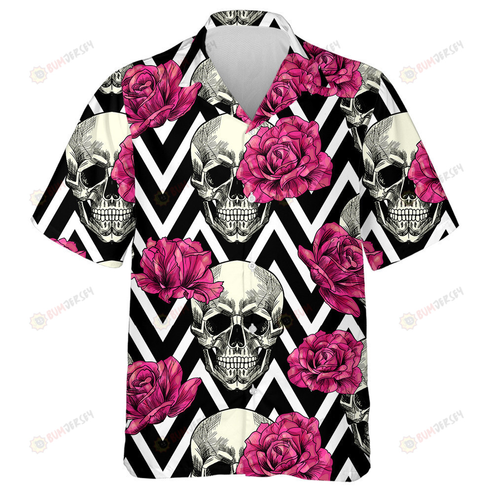 Human Skull And Pink Roses On Geometric Background Hawaiian Shirt
