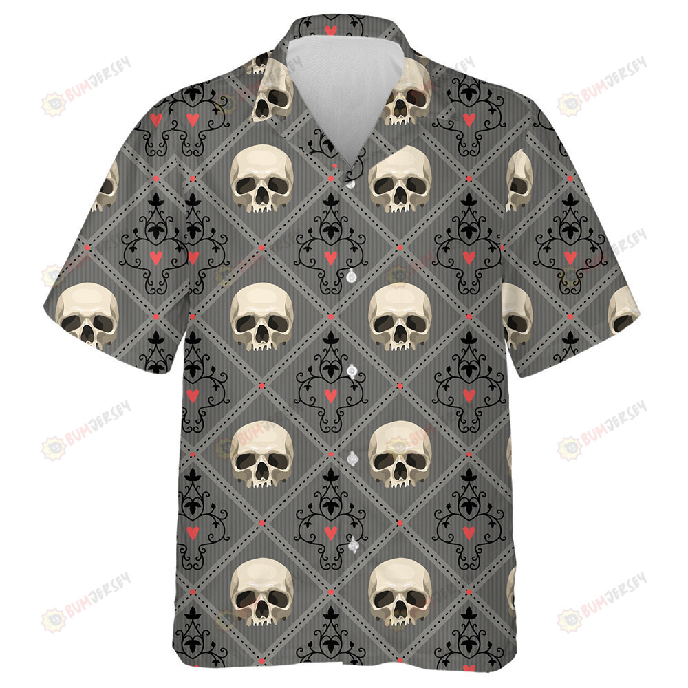 Human Skull On Rhombus Frame Gray Background Hawaiian Shirt