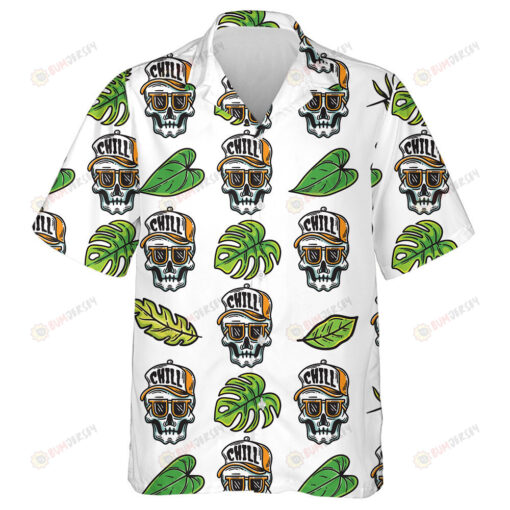 Human Skull Wearing Hat And Glasses With Tropical Leaves Hawaiian Shirt