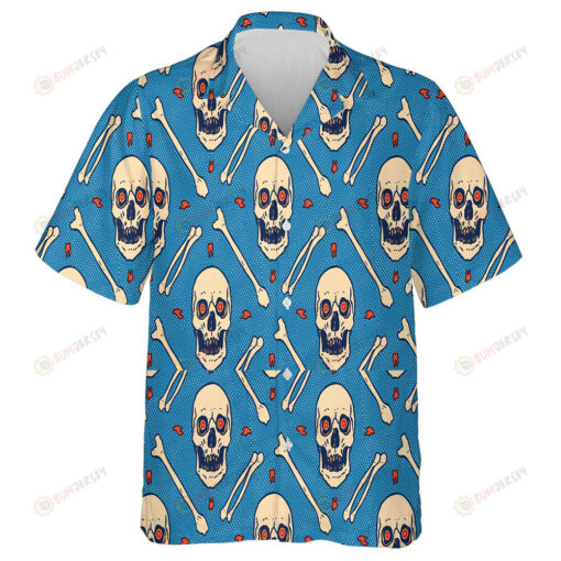 Human Skull With Bone On Blue Background Hawaiian Shirt