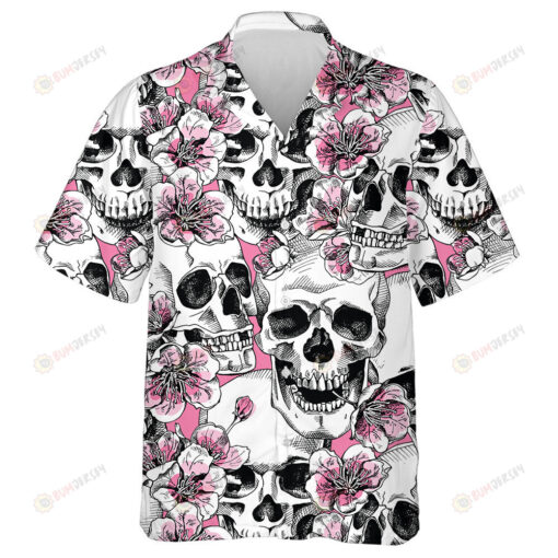 Human Skull With Flowers On Pink Background Hawaiian Shirt