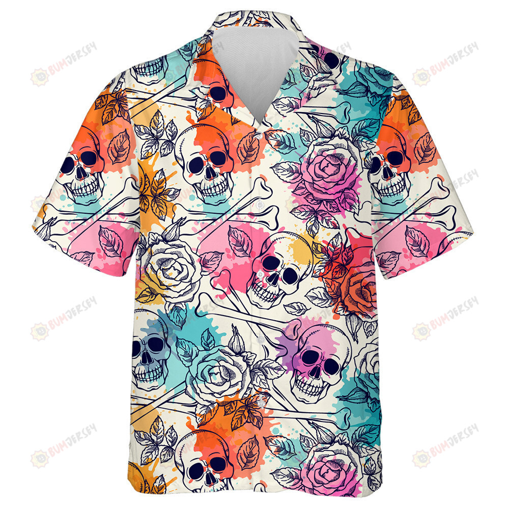 Human Skull With Rose And Leave On Colorful Background Hawaiian Shirt