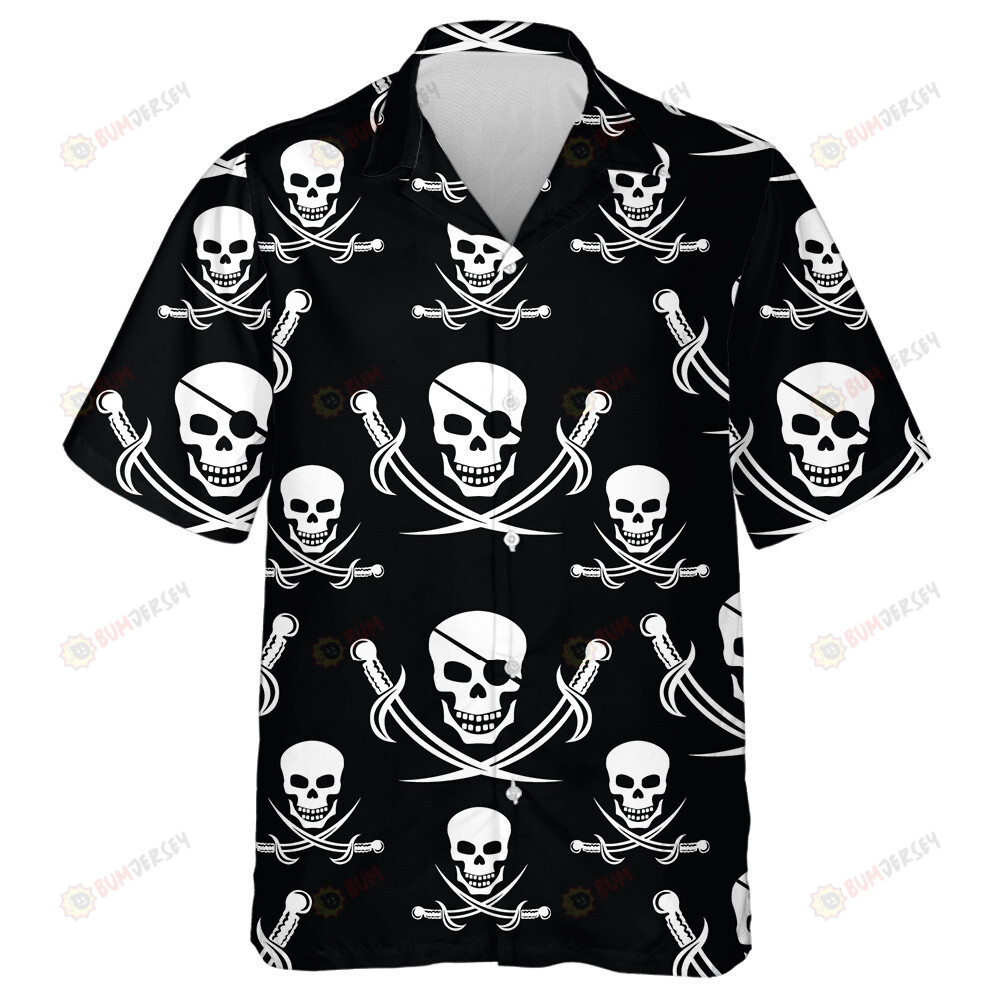Human Skull With Sabers On Black Background Hawaiian Shirt